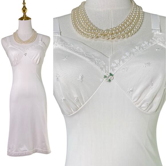 Vintage 50s White Nylon Tulip Chiffon Lace Bust Full Slip Dress Women’s Size S - Picture 2 of 14
